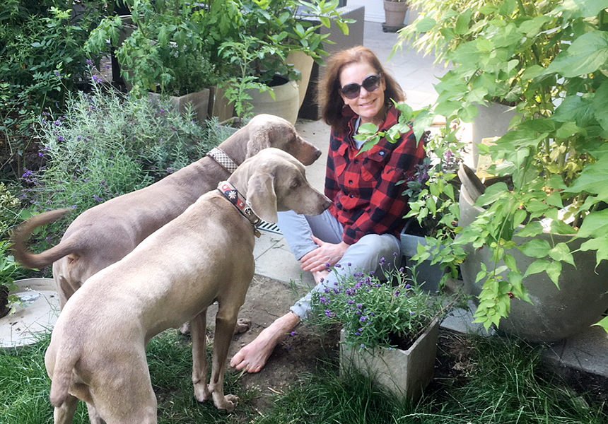 Inhaberin der Hundepension Katrin Cares mit 2 Hunden im Garten